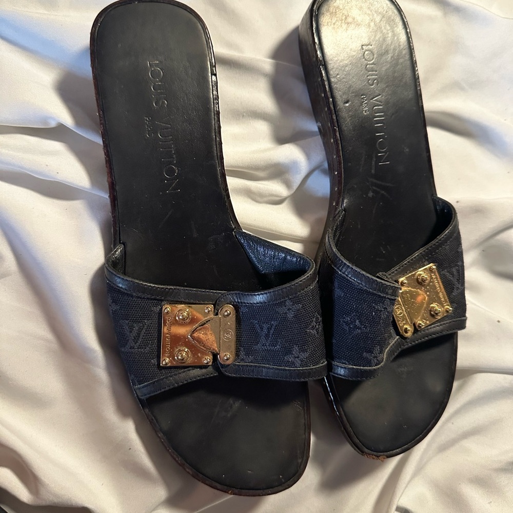 Louis Vuitton Black and Gold Mules